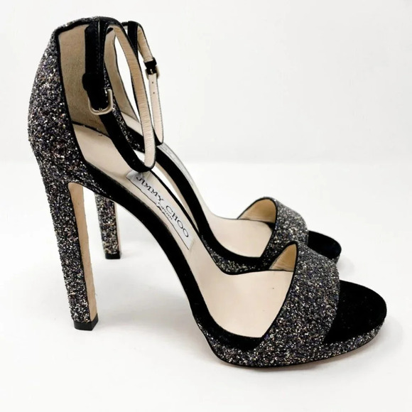 Jimmy Choo Leather Misty 120 Twilight Black Suede Glitter Sandals Heels 38.5/8.5 - Picture 5 of 14
